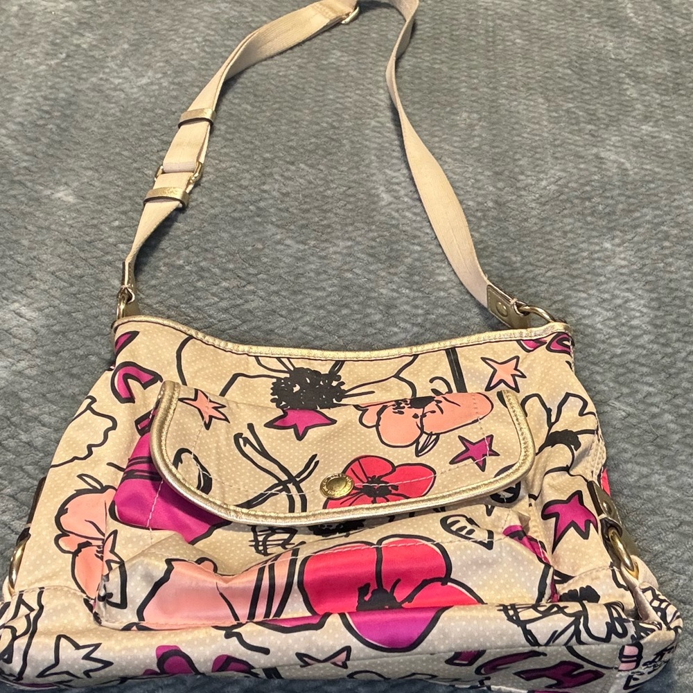 Coach Multi-Color Kyra Poppy Fabric Shoulder Bag Purse